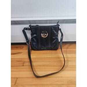 Elliot Lucca Leather Crossbody Shoulder Bag Black Adjustable Strap Basket Weave